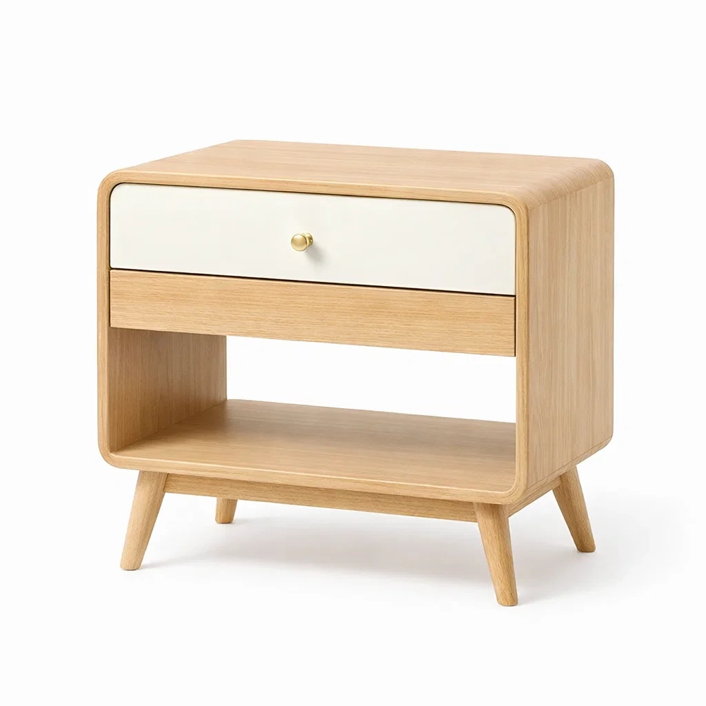 Comodino in legno chiaro con frontale bianco-rawlino