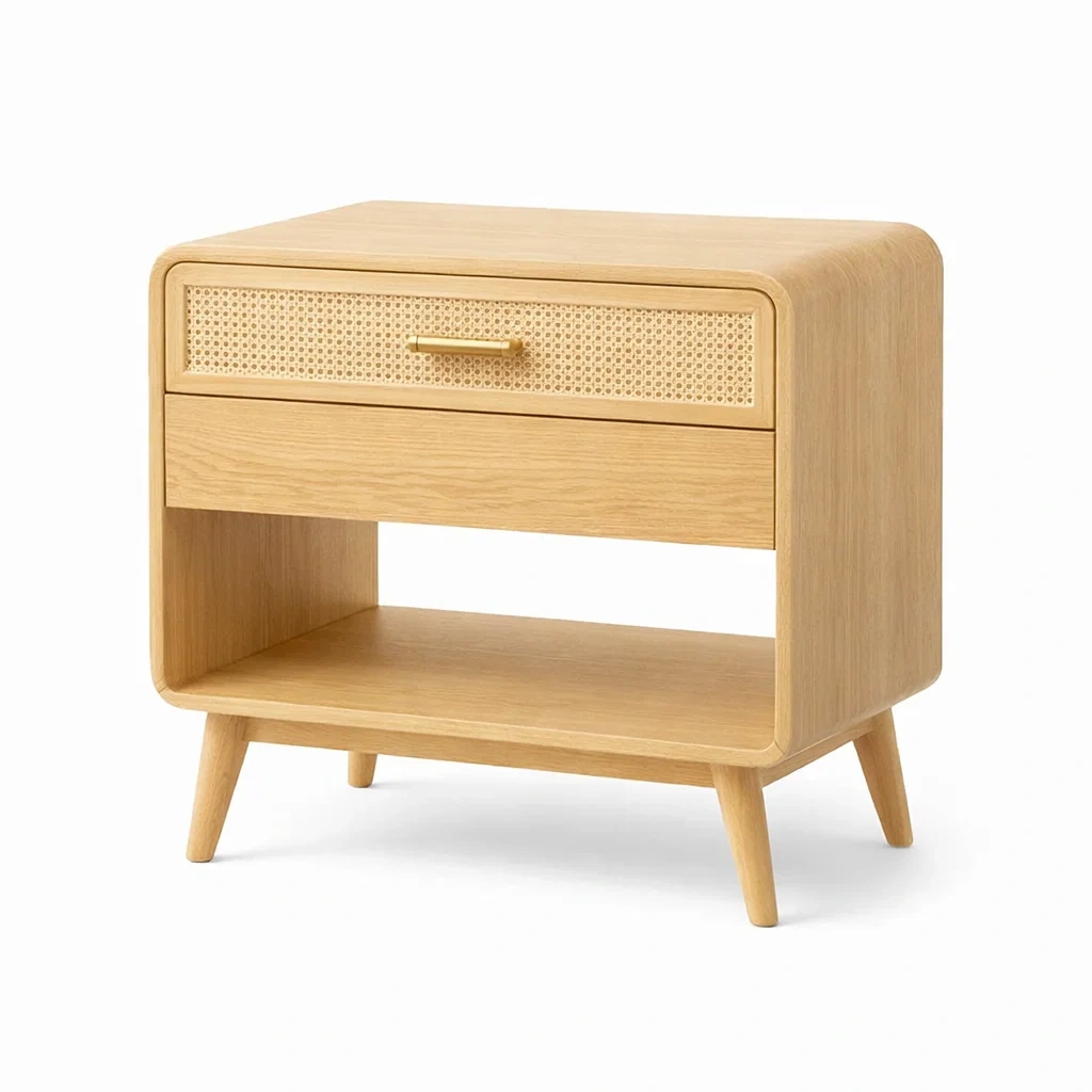 Comodino in legno con inserto in rattan naturale-rawlino