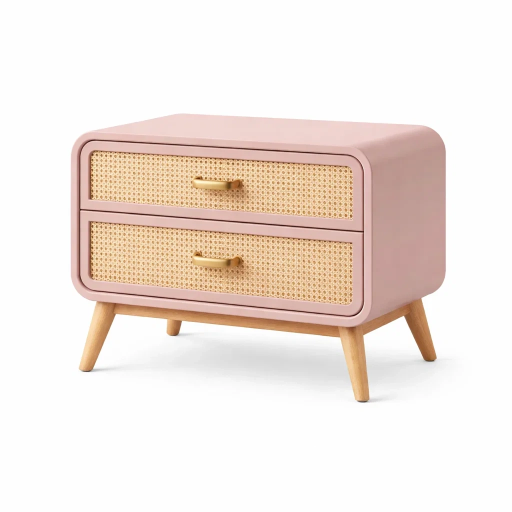 Comodino rosa cipria con rattan intrecciato-rawlino