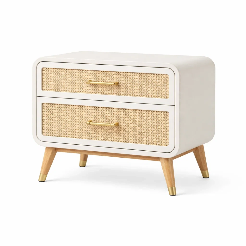 Comodino bianco con rattan naturale e dettagli dorati-rawlino