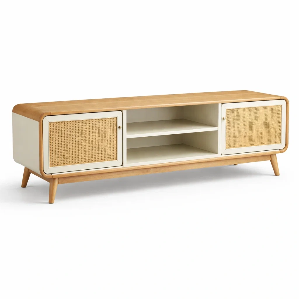 Mobile TV in legno naturale e bianco con rattan-rawlino