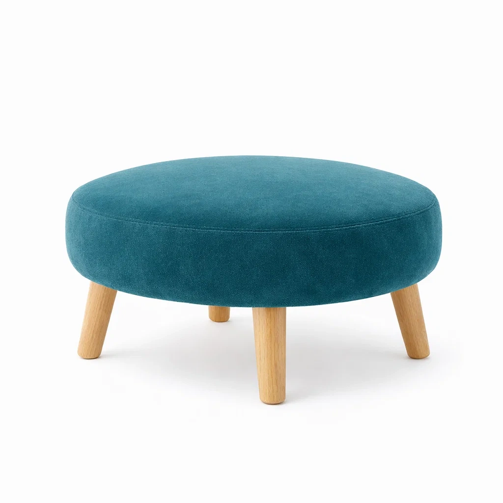 Pouf rotondo blu petrolio in tessuto vellutato-rawlino