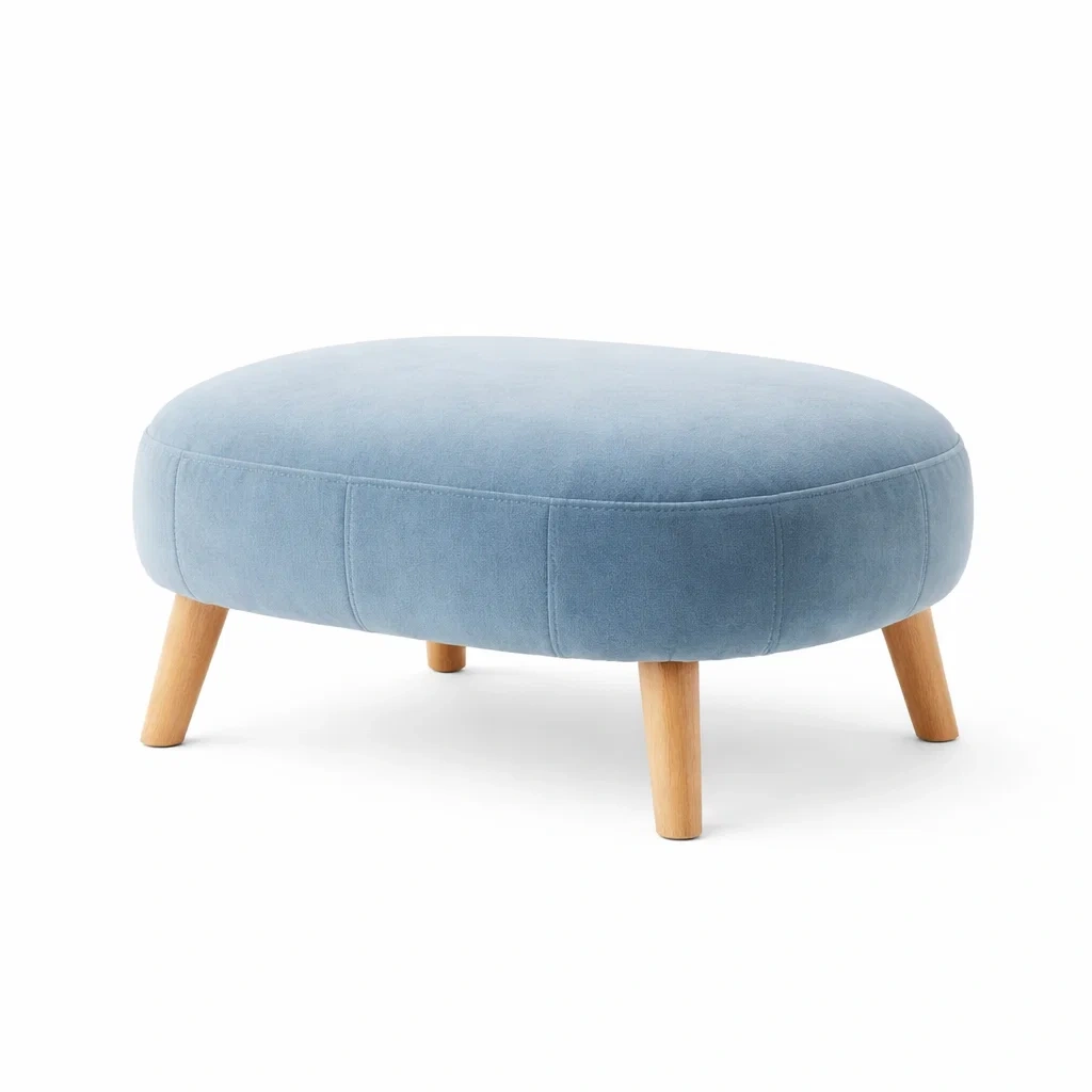 Pouf rotondo azzurro polvere in tessuto vellutato-rawlino