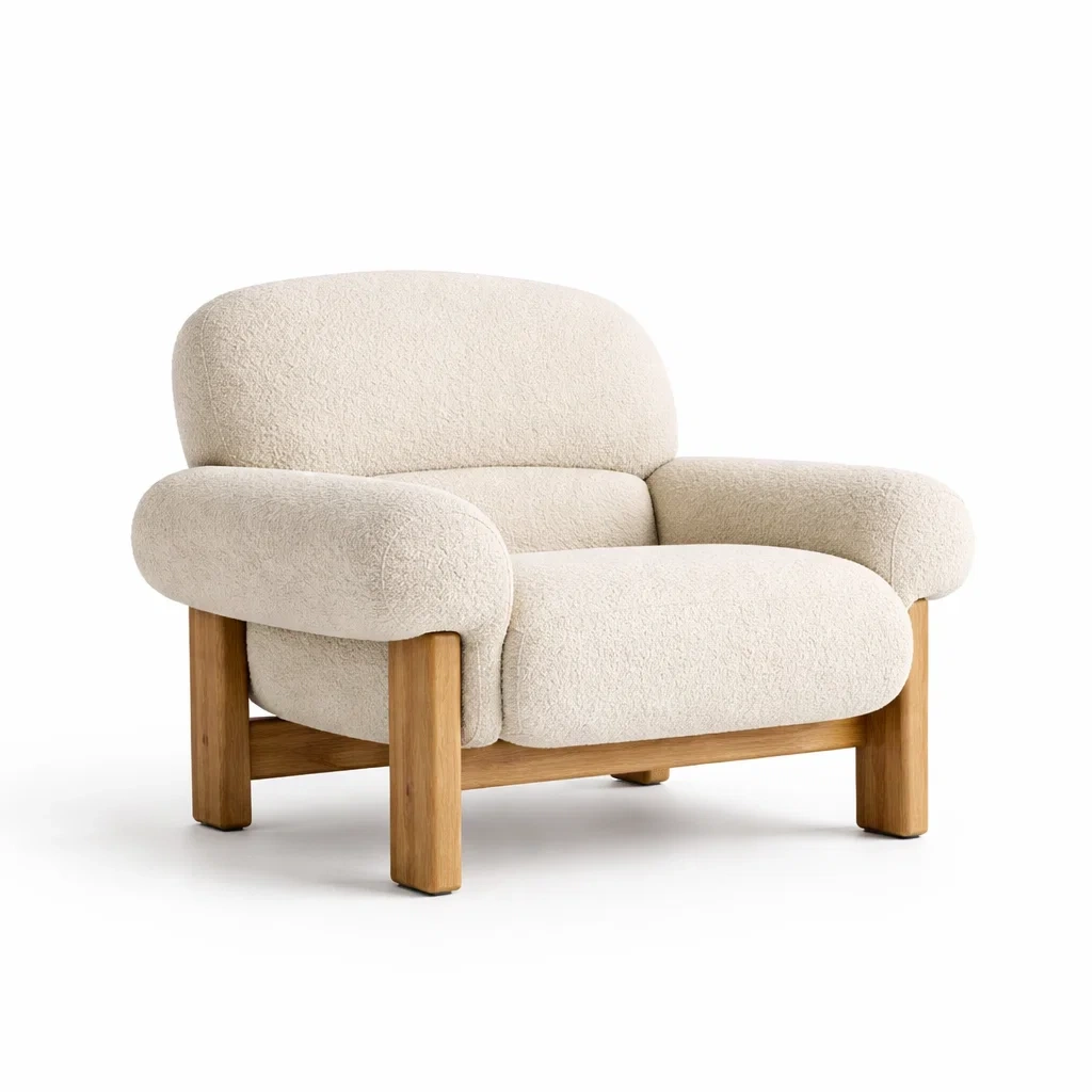 Poltrona imbottita avorio con struttura in legno-rawlino