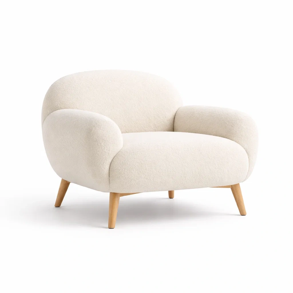 Poltrona imbottita color crema con gambe in legno-rawlino