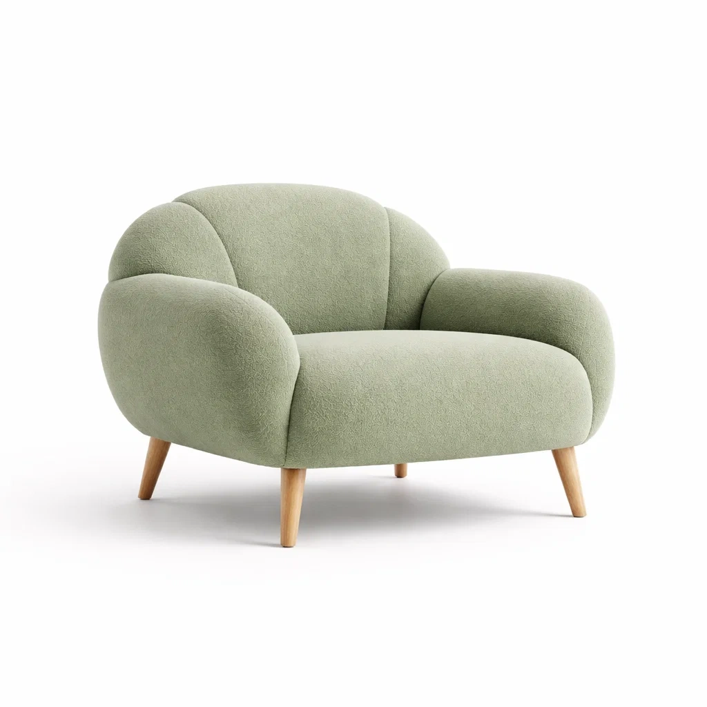 Poltrona imbottita verde salvia con struttura in legno-rawlino