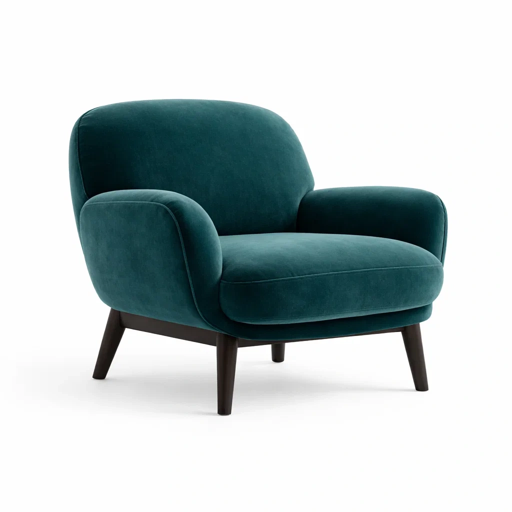 Poltrona imbottita verde petrolio con base in legno-rawlino