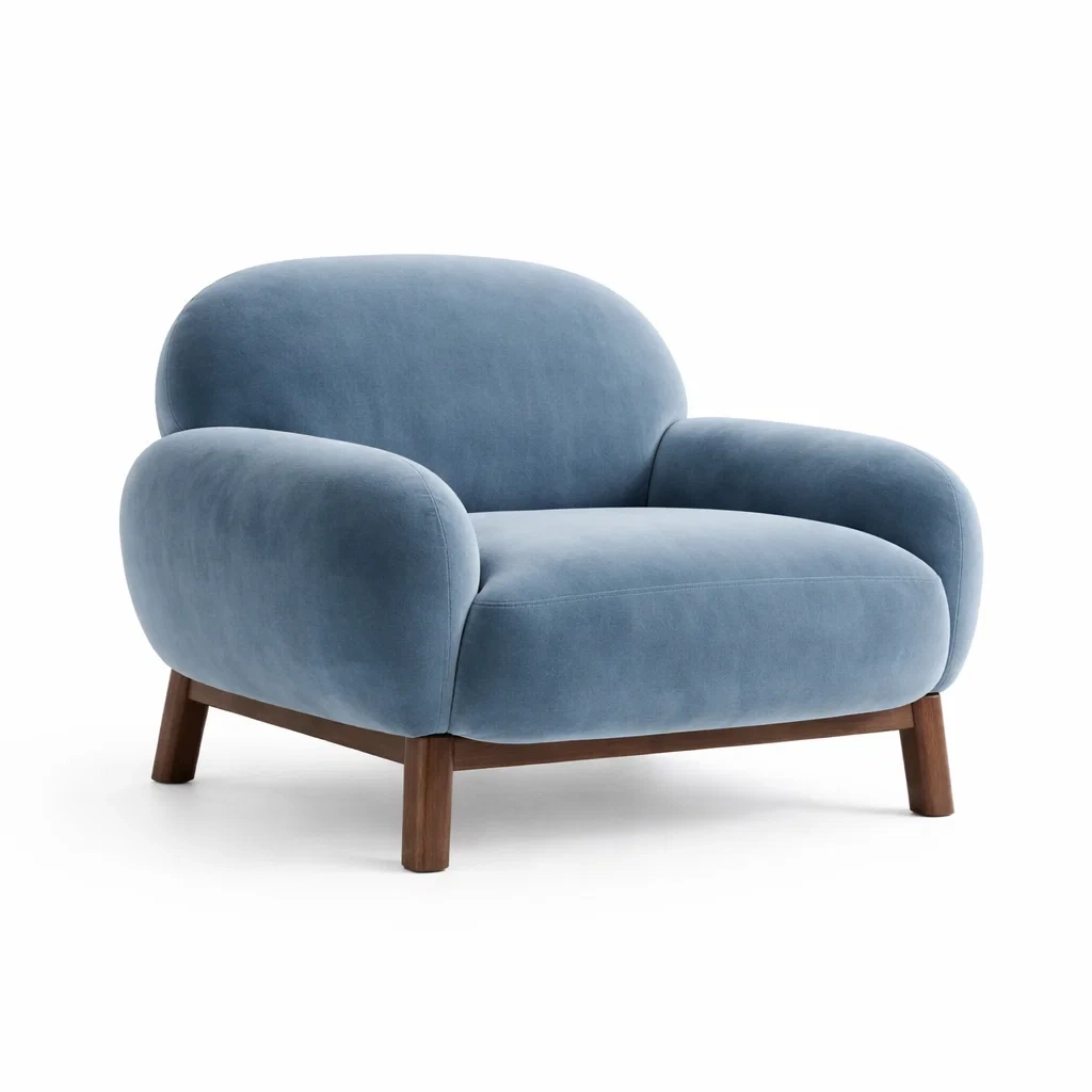 Poltrona imbottita blu polvere con struttura in legno-rawlino