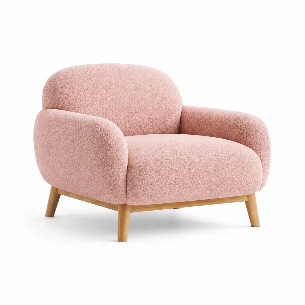 Poltrona imbottita rosa cipria con base in legno-rawlino