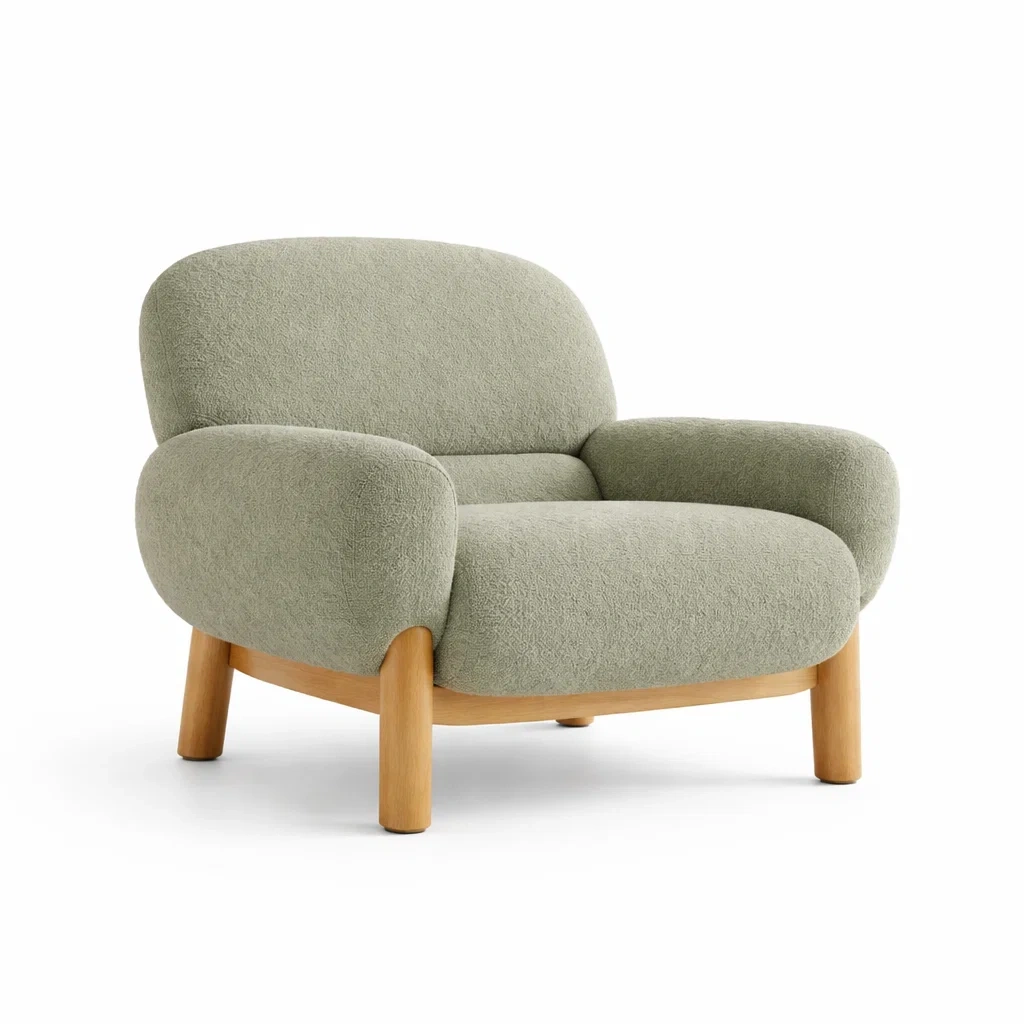 Poltrona imbottita verde chiaro con struttura in legno-rawlino