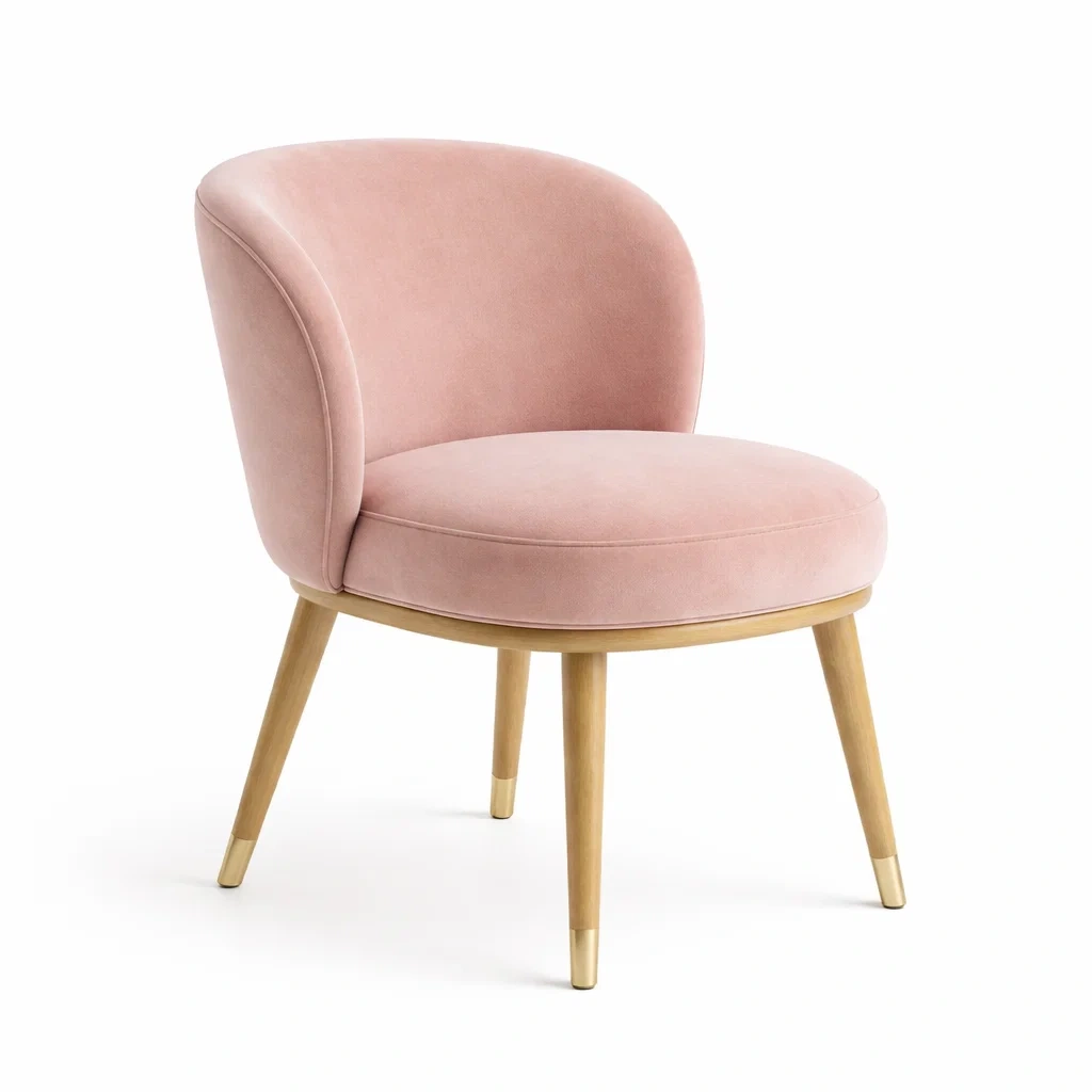 Sedia imbottita rosa chiaro con struttura in legno-rawlino