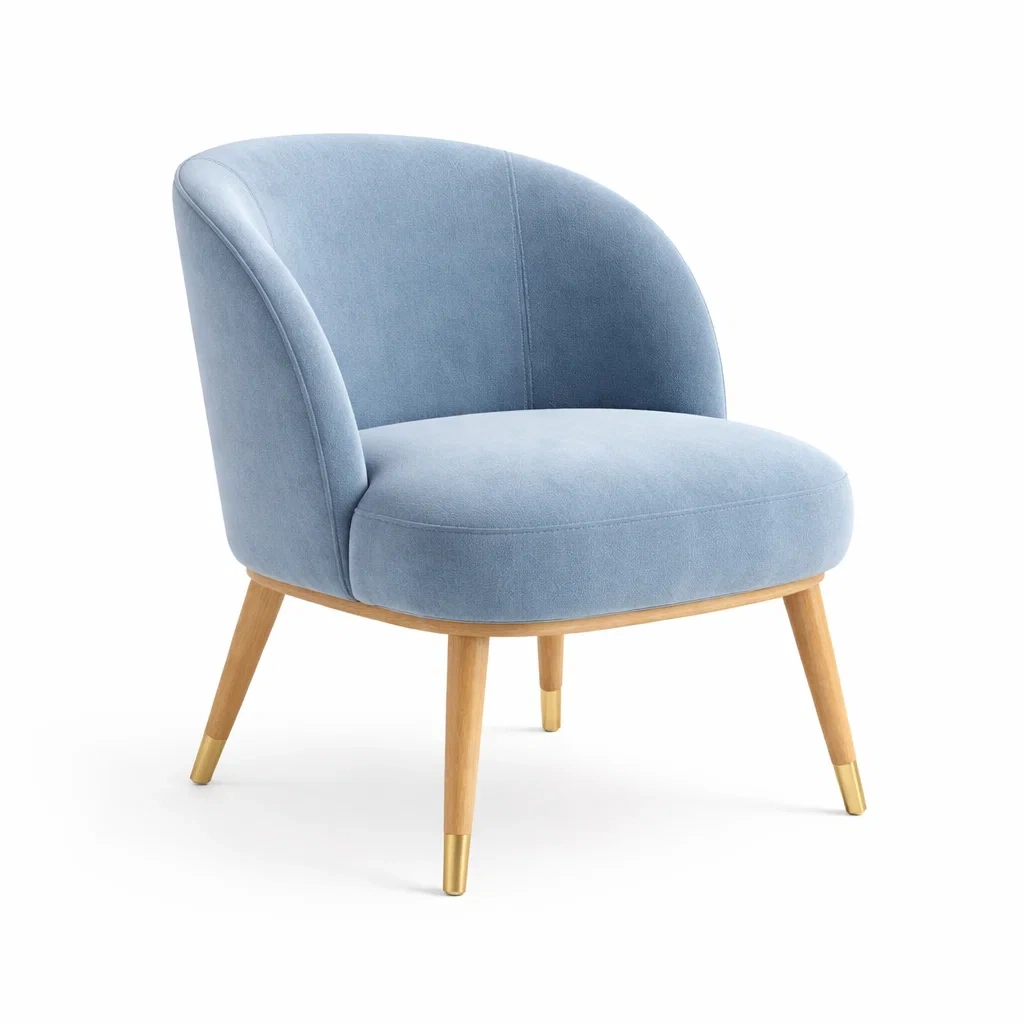 Sedia imbottita azzurro polvere con gambe in legno-rawlino