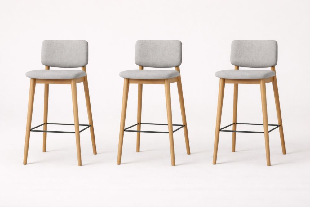 Set di 3 sgabelli in legno e tessuto grigio chiaro