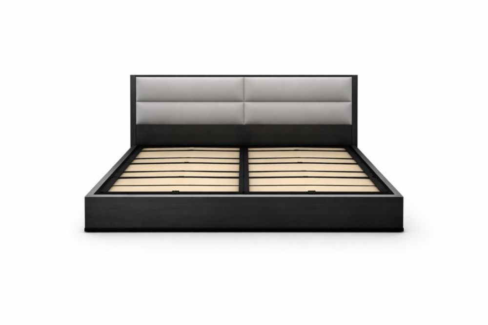 Letto matrimoniale legno con testiera imbottita in ecopelle Nero/Grigio 200x160 cm