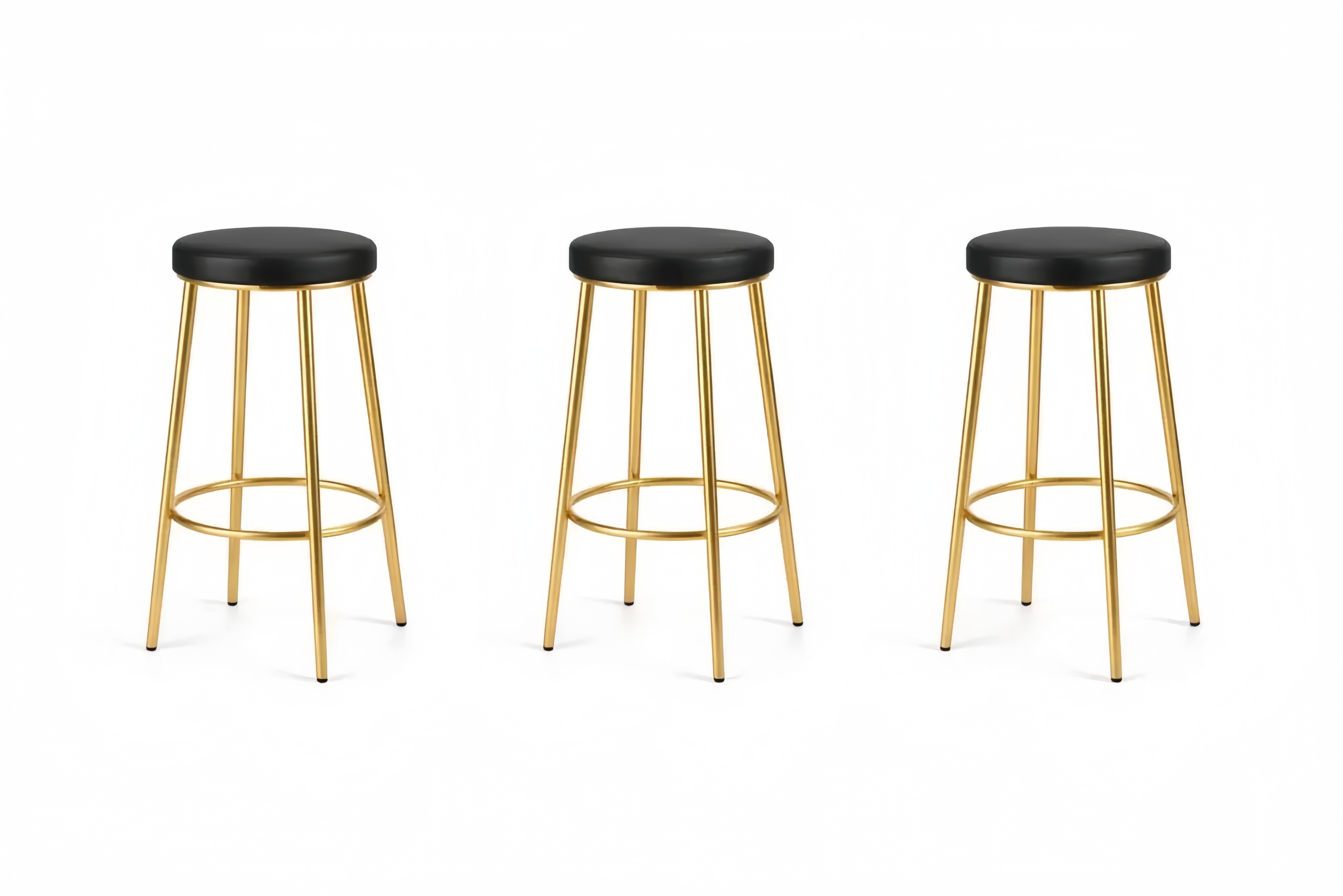 Set di 3 Sgabelli da Bar in Metallo Oro con Seduta in Ecopelle Nera