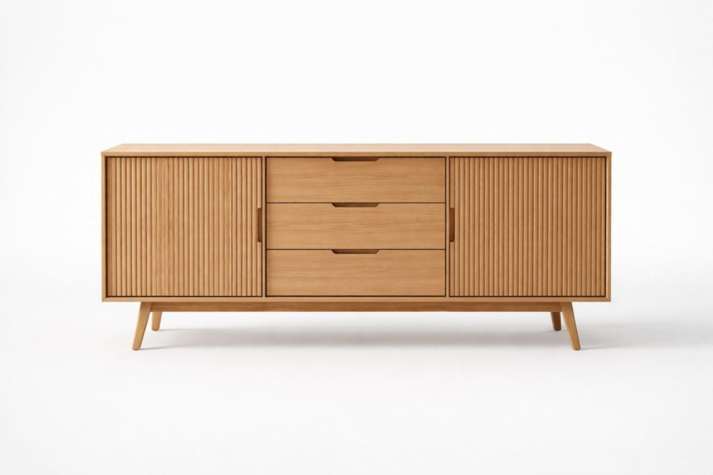 Credenza in Legno Massello con Ante Scorrevoli e Cassetti