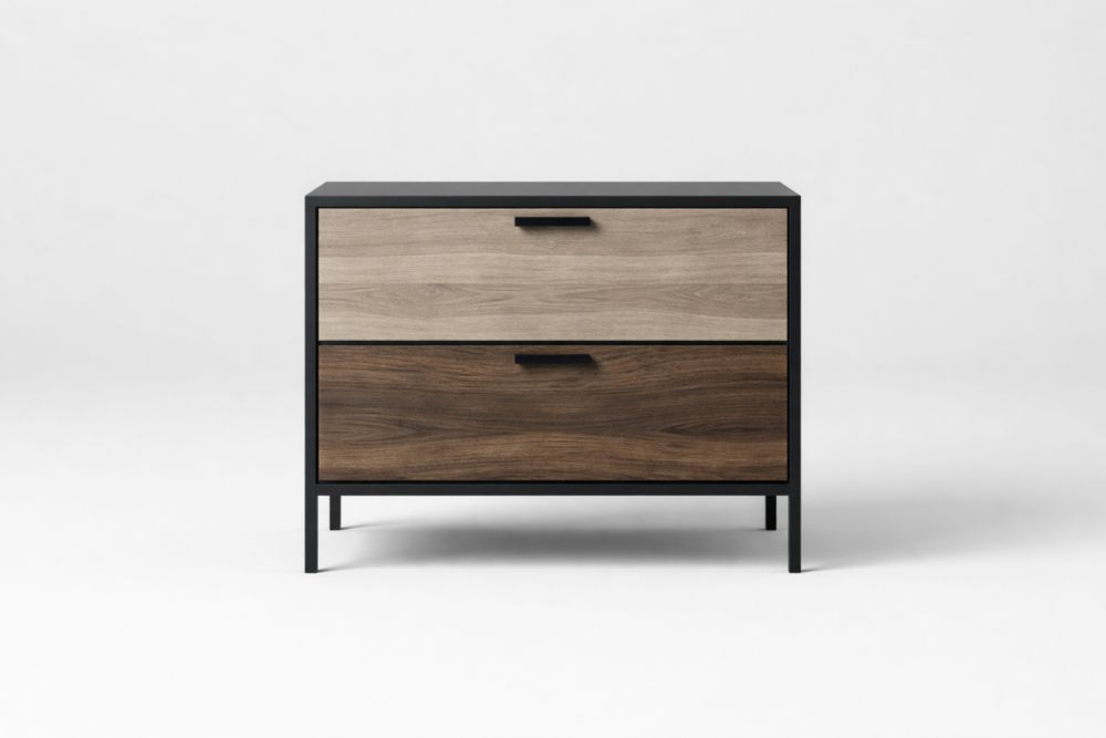 Cassettiera 2 Cassetti Legno Metallo Nero Marrone