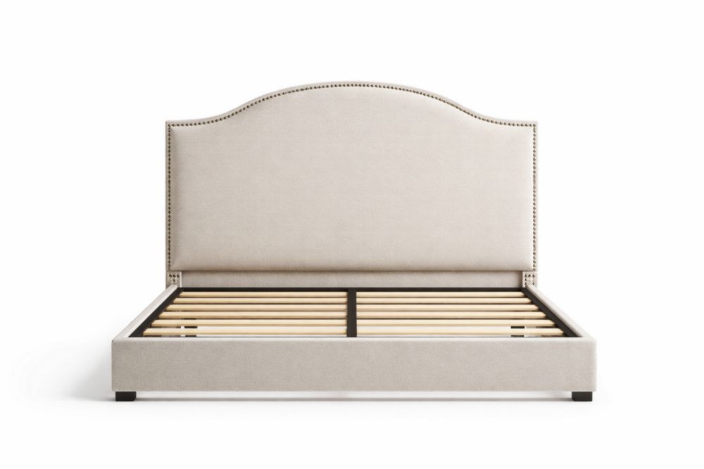 Letto matrimoniale imbottito in tessuto beige con testiera curva 200cm x 160cm