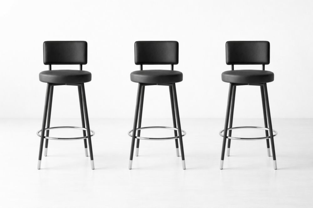 Set di 3 sgabelli da bar in similpelle nera e metallo, altezza 75 cm