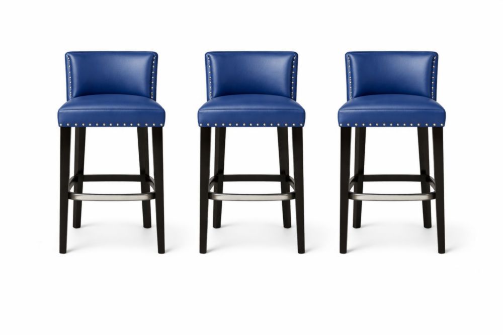Set di 3 Sgabelli da Bar in Pelle Blu con Gambe in Legno