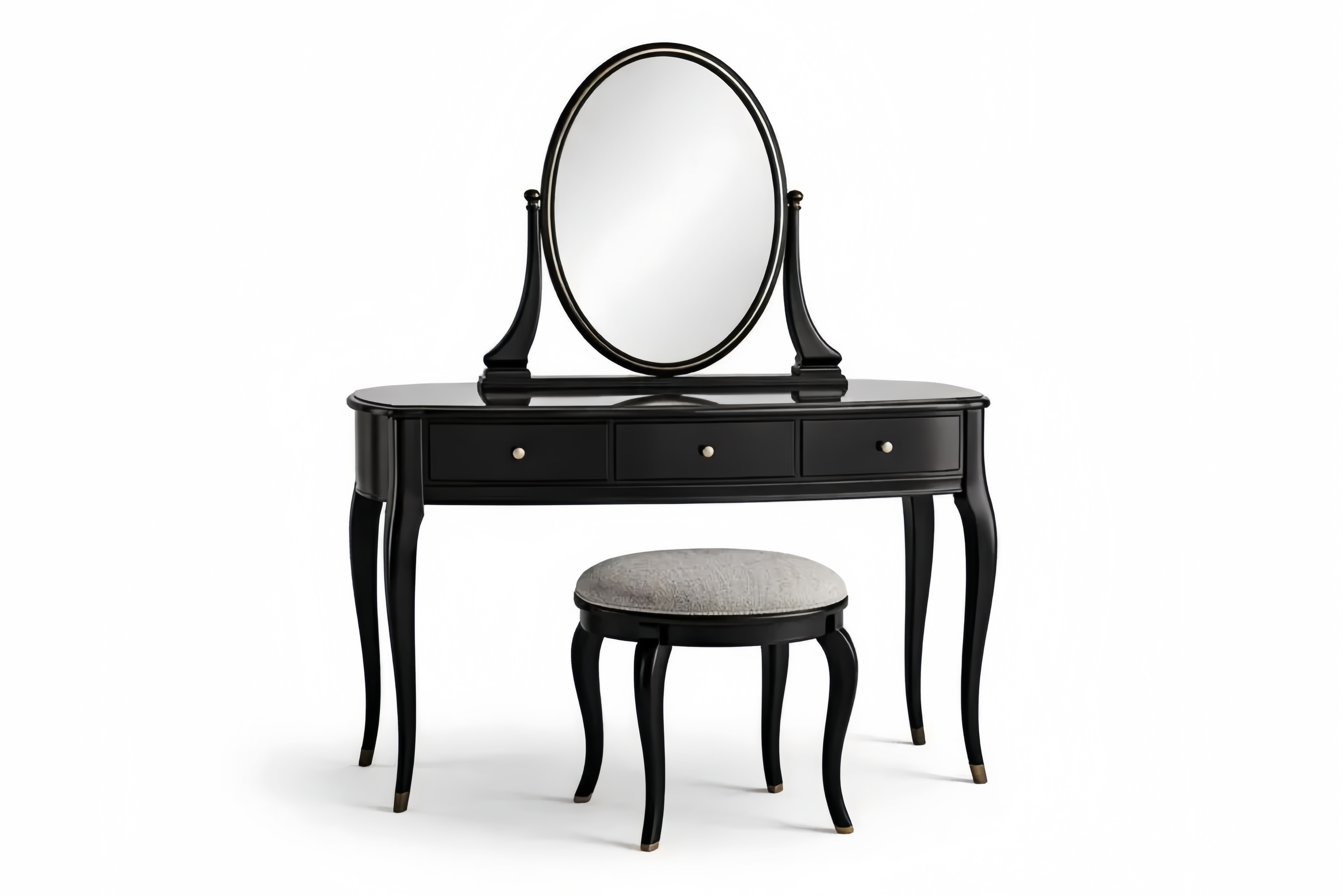 Tavolo da toeletta in legno nero con specchio ovale e sgabello