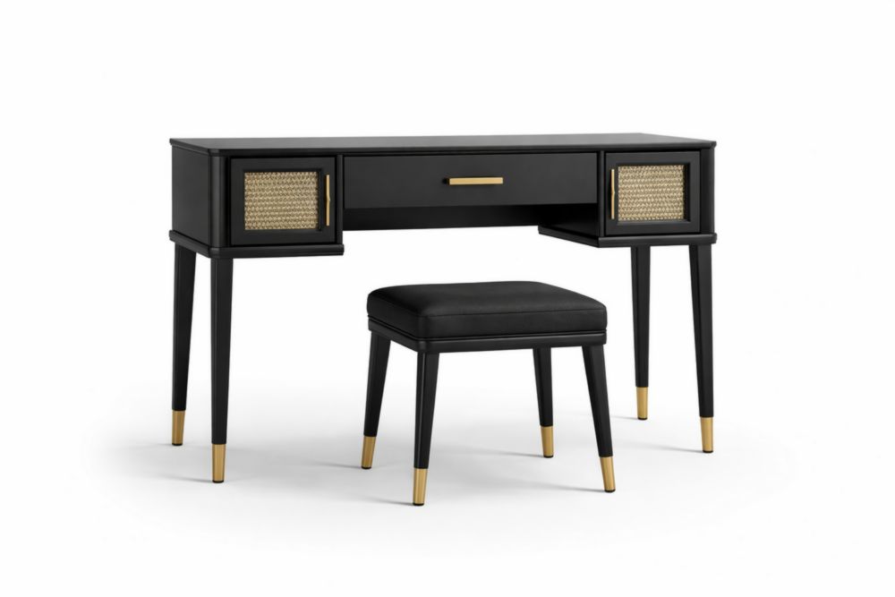 Set di toeletta e sgabello in MDF nero con dettagli e gambe in metallo dorato