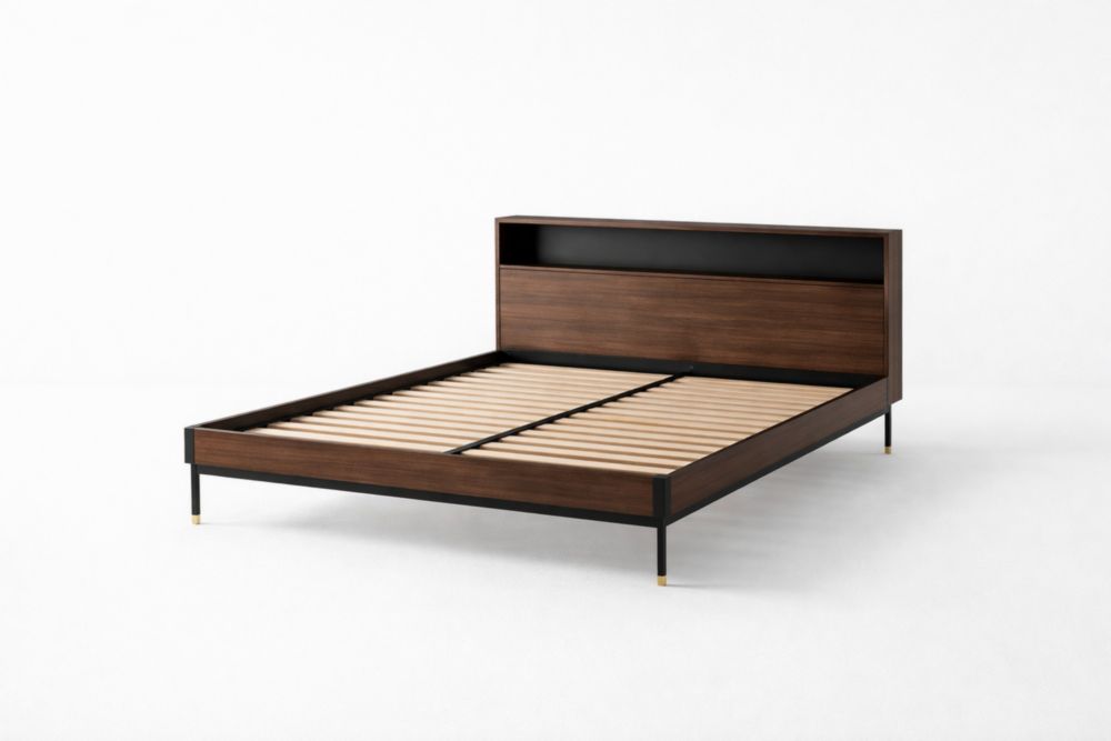 Letto Matrimoniale in Legno e Metallo con Testiera Contenitore, Noce e Nero, 200x160 cm