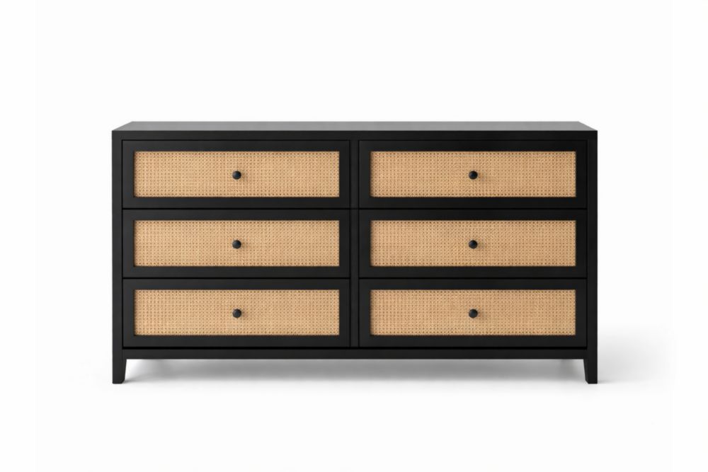 Cassettiera in Legno e Rattan Nero 6 Cassetti