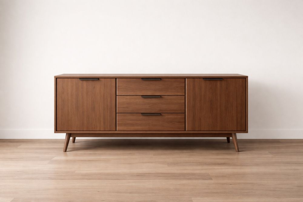 Credenza in legno a tre cassetti con due ante marrone