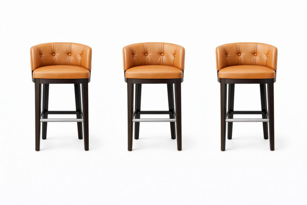 Sgabello da Bar in Legno con Seduta in Pelle Arancione