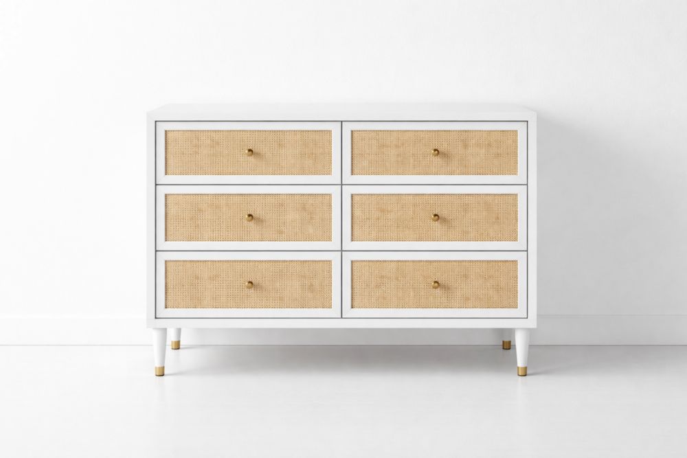 Cassettiera in Legno e Rattan con Maniglie in Metallo