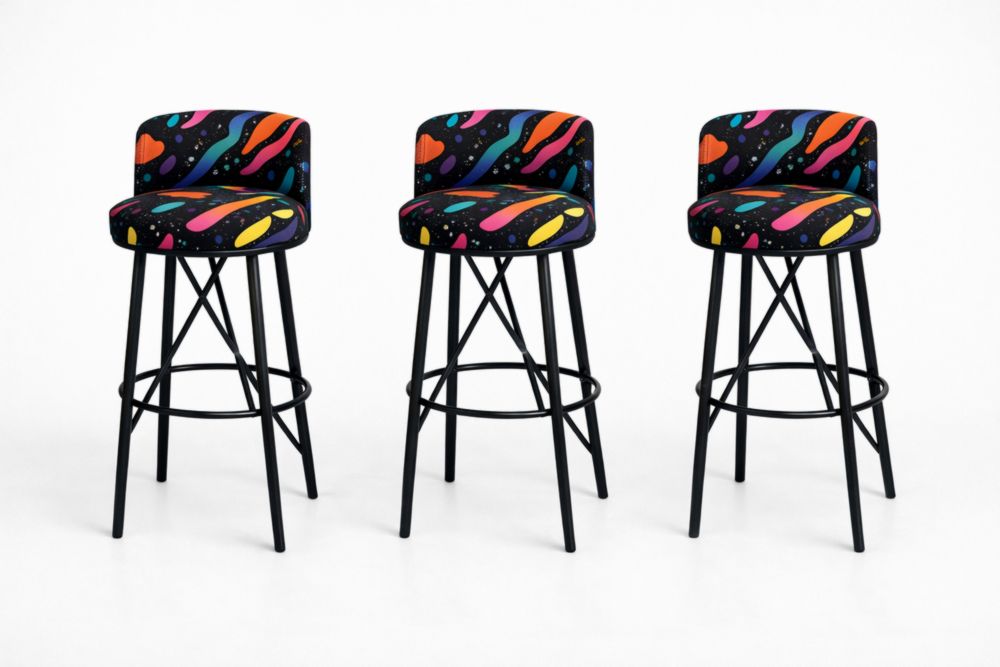Set di 3 Sgabelli da Bar in Tessuto Multicolore con Struttura in Metallo Nero