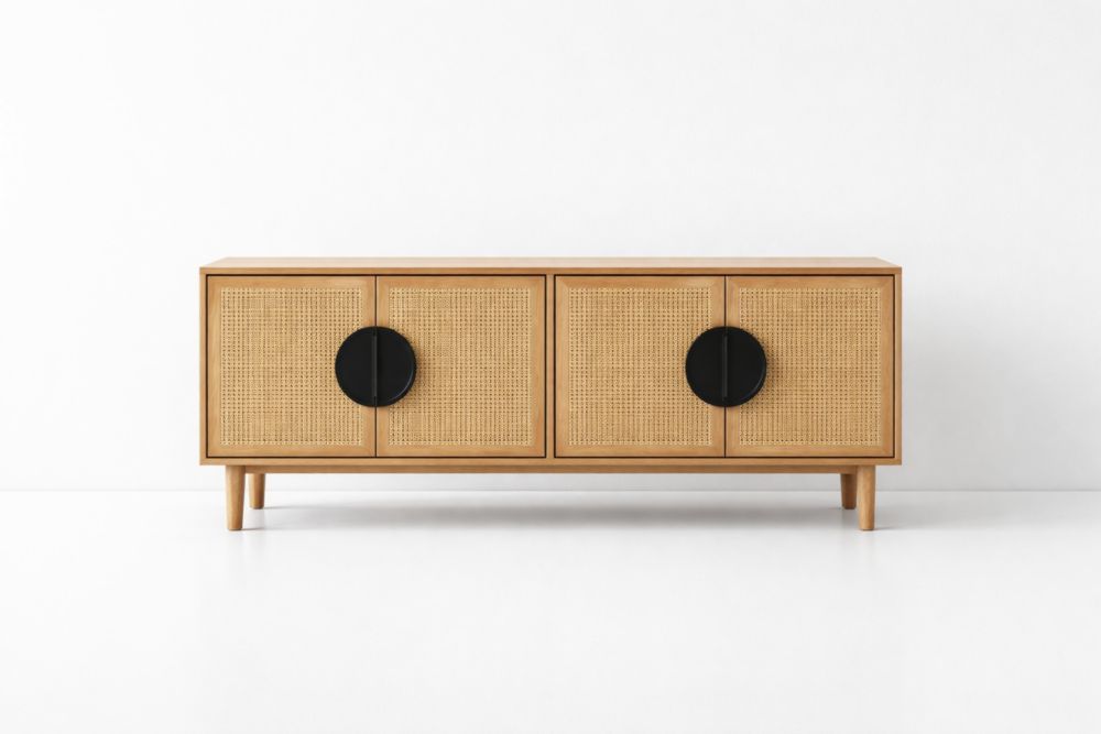 Credenza in Legno e Rattan con Ante a Rete e Maniglie Nere, L150xP45xH70 cm