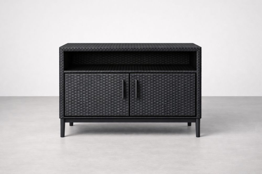 Credenza in Rattan Sintetico Nero con Anta e Ripiano Aperto