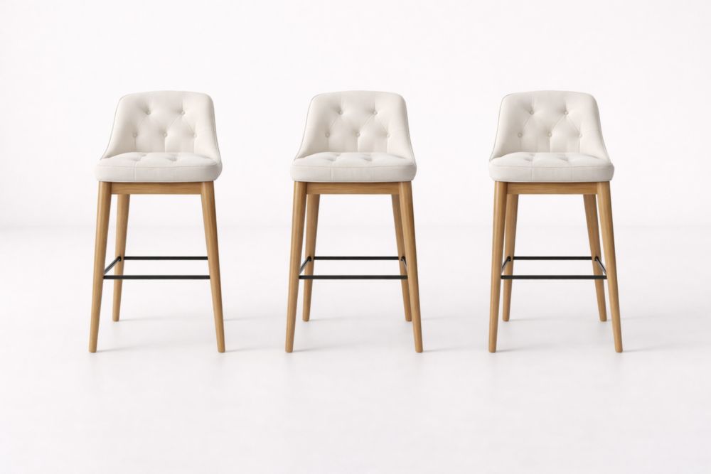 Set di 3 Sgabelli da Bar in Legno con Rivestimento in Tessuto Crema