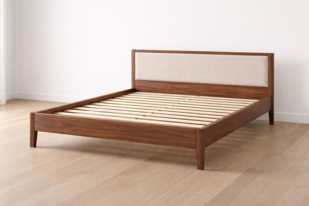 Letto matrimoniale in legno con testiera imbottita in tessuto chiaro 200x160x100 cm