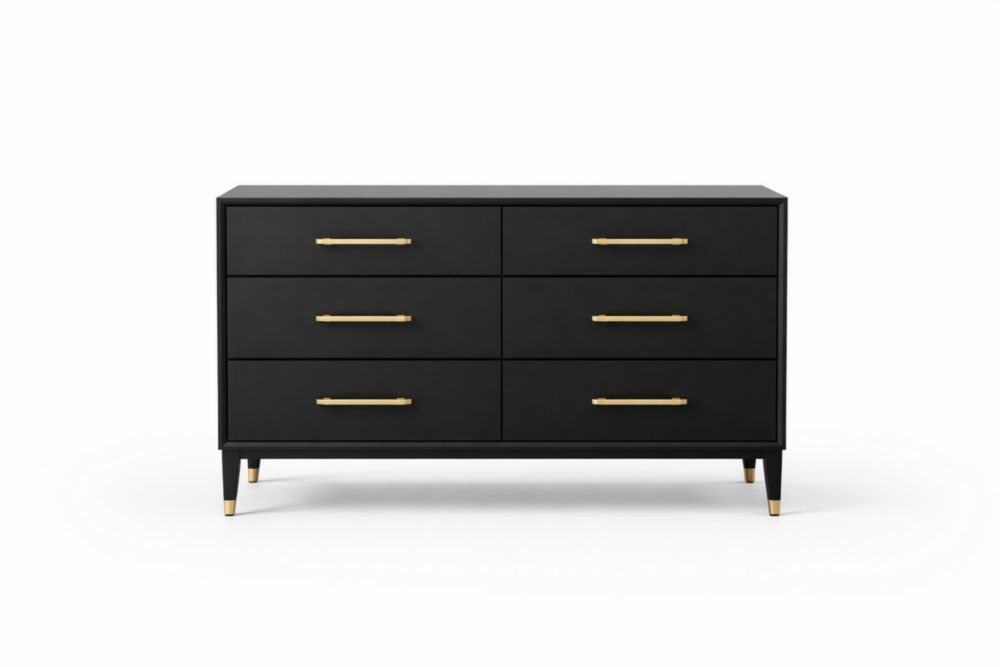 Cassettiera nera a 6 cassetti con maniglie in metallo dorato