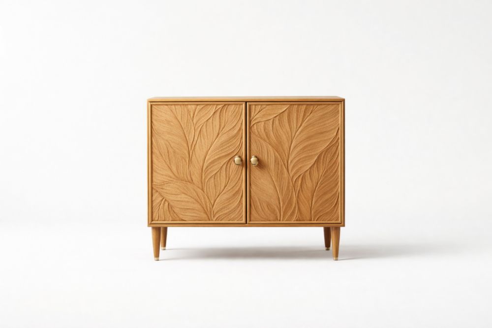 Credenza in legno massello con incisioni, 2 ante, naturale, L80xH70xP40 cm