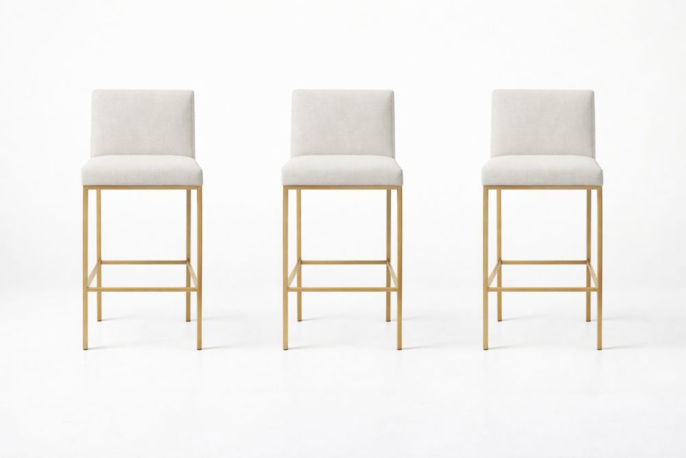 Set di 3 sgabelli da bar in acciaio dorato e tessuto beige
