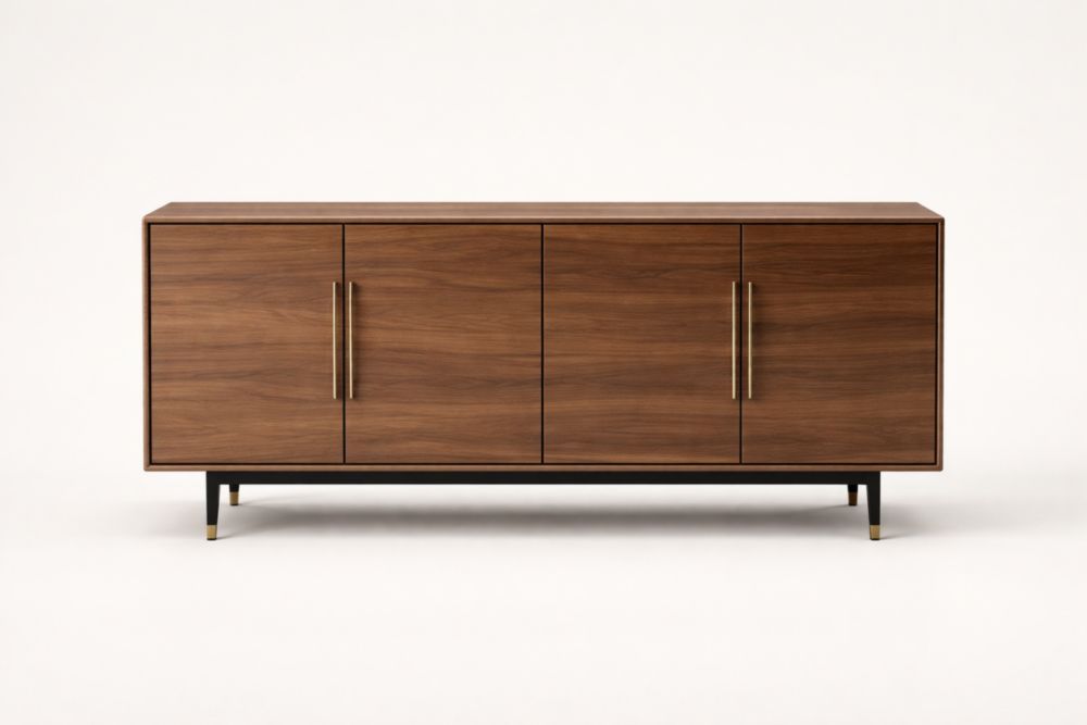 Credenza in legno di noce con ante e maniglie in metallo