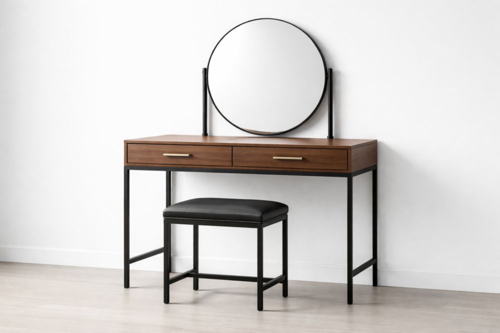 Tavolo da toeletta in legno e metallo con specchio rotondo e sgabello