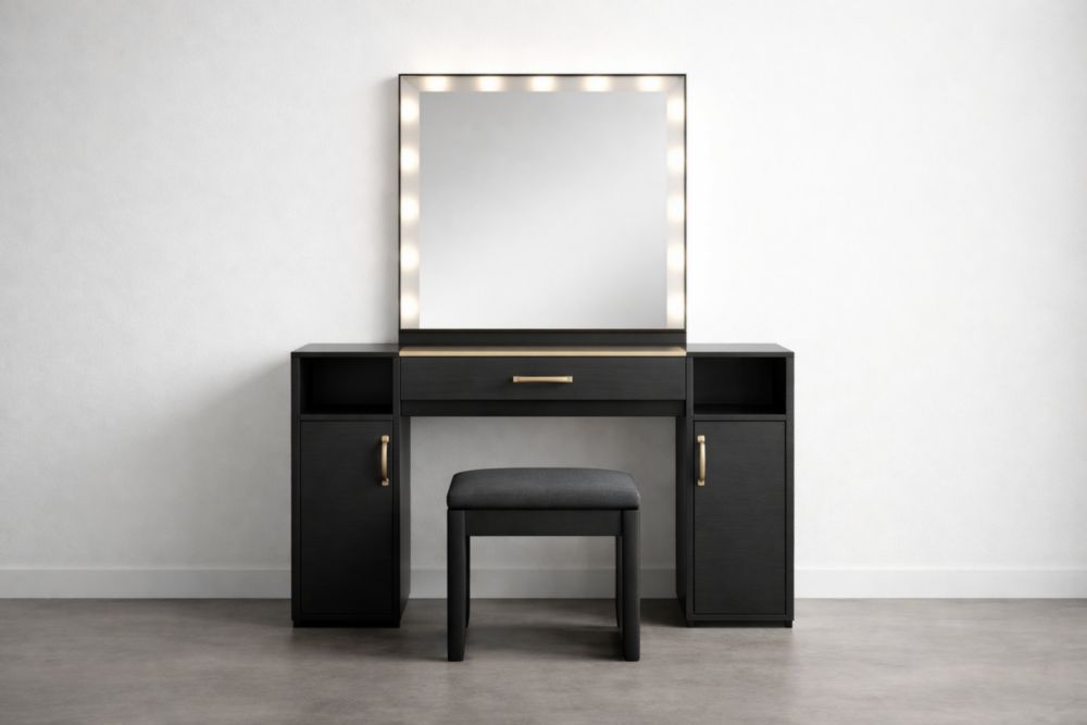Tavolo da Toeletta con Specchio Illuminato e Sgabello in Legno MDF Nero