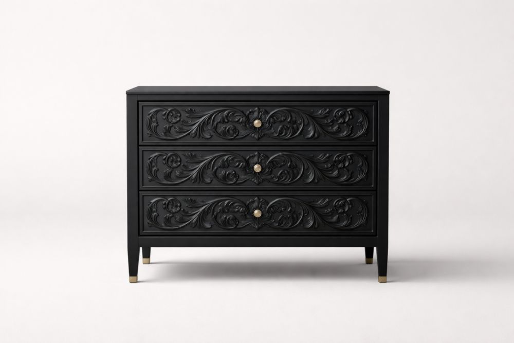 Cassettiera in Legno Nero con Decorazioni a Rilievo 3 Cassetti