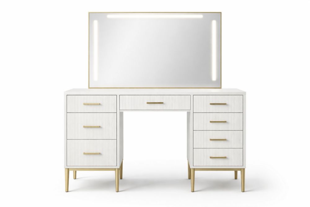 Tavolo da Toeletta con Specchio e Cassetti in MDF Bianco con Gambe in Metallo