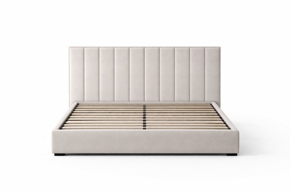 Letto matrimoniale imbottito in lino beige con testiera e doghe in legno