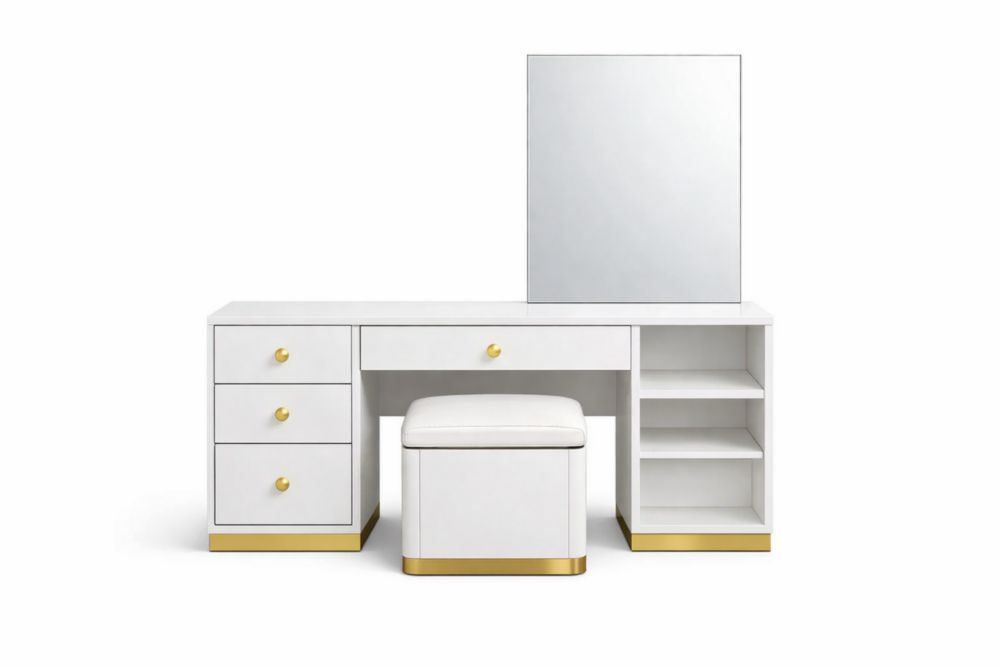 Set toeletta con specchio e sgabello in MDF bianco con dettagli dorati