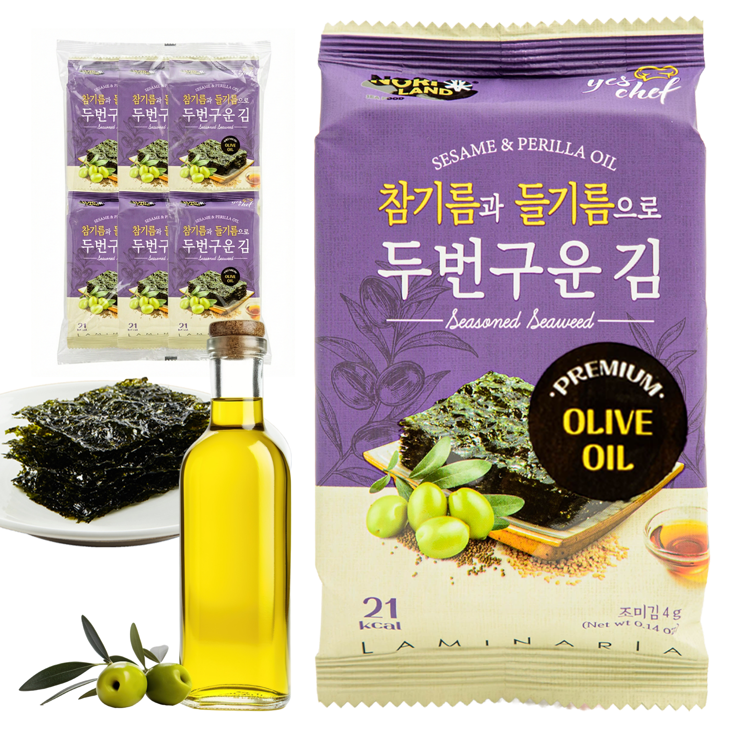 NORI LAND Roasted Seaweed Snack 6 Convenient Packs (0.14oz Each) (Olive Oil)