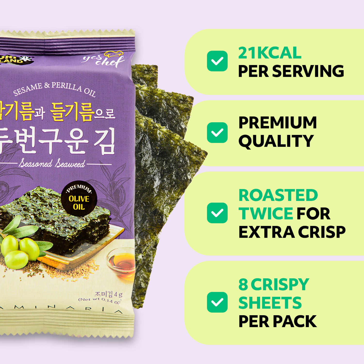 NORI LAND Roasted Seaweed Snack 6 Convenient Packs (0.14oz Each) (Olive Oil)