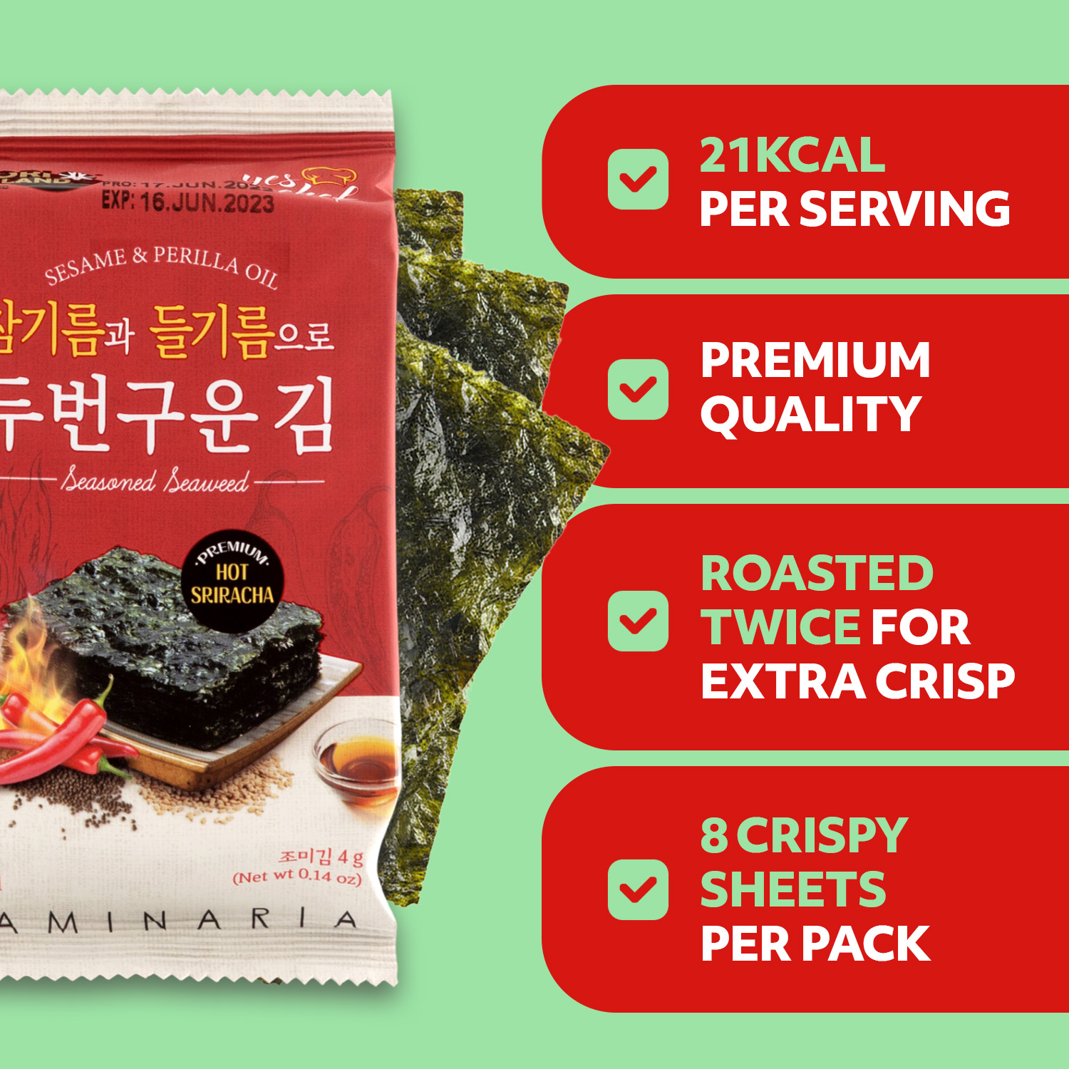 Roasted Seaweed Snack, Spicy Sriracha HOT Flavor 6 Convenient Packs (0.14oz Each)