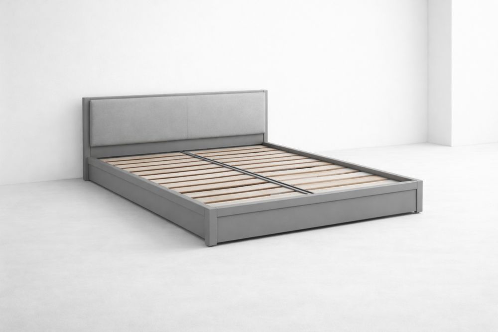 Letto matrimoniale in metallo con testiera imbottita grigia 200x160 cm